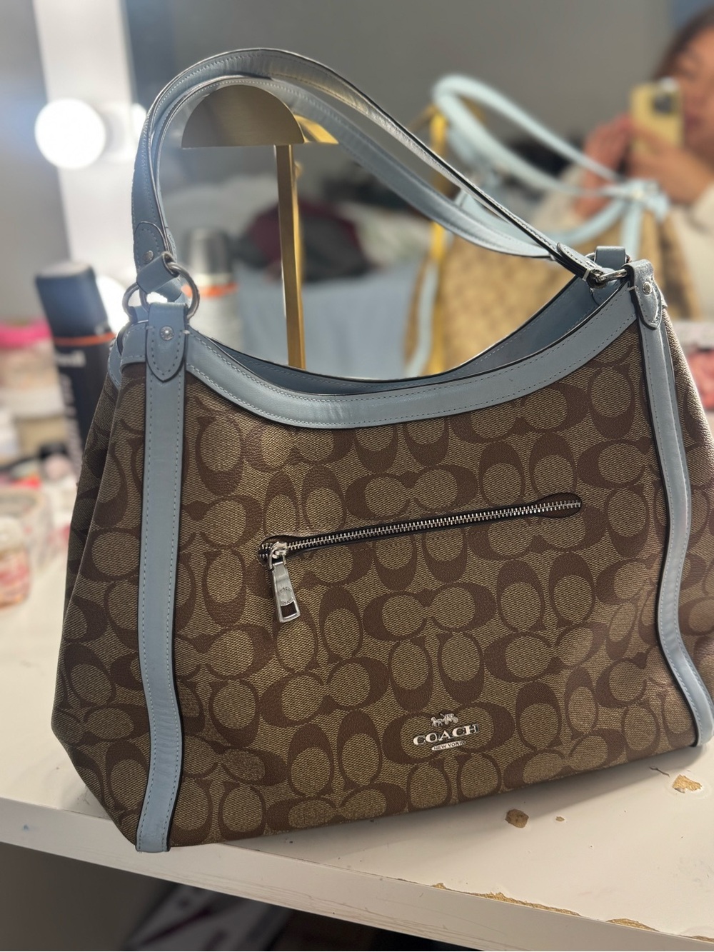 Coach Brown Signature Shoulder Bag with Light Blue Trim